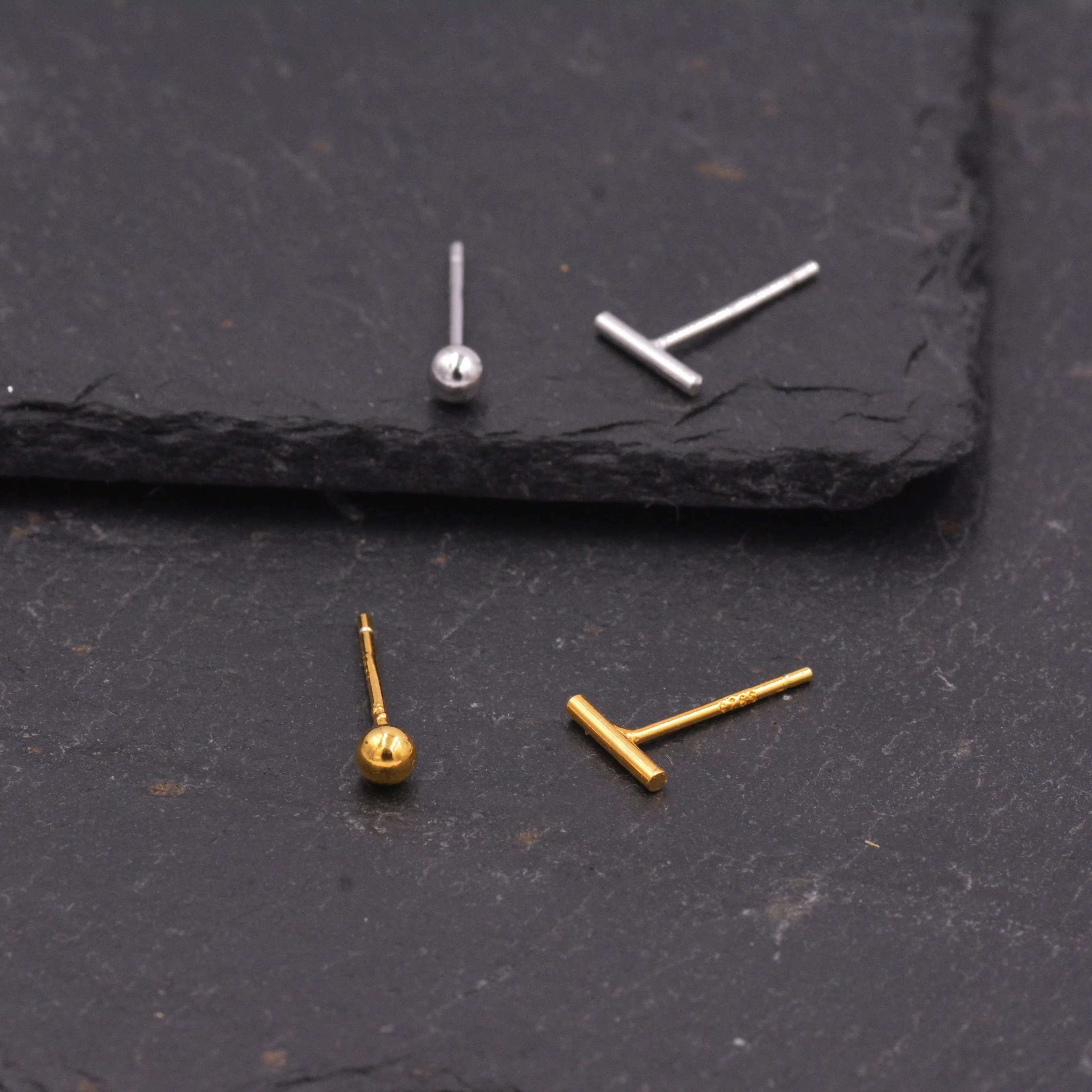 Mismatched Ball and Bar Dainty Stud Earrings in Sterling Silver, Gold or Silver Finish, Geometric Minimalist Design, Simple Studs, Tiny,