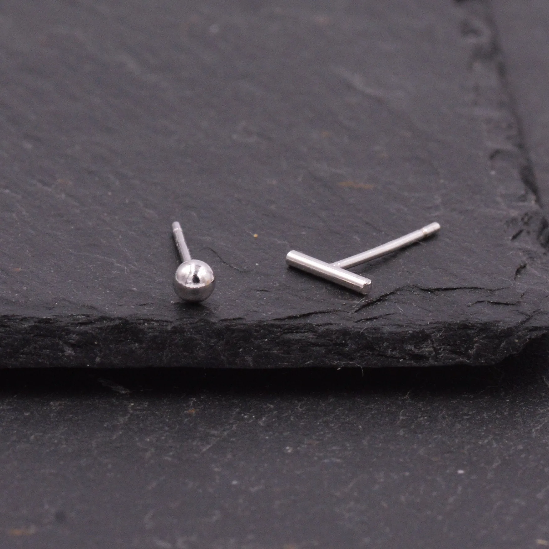 Mismatched Ball and Bar Dainty Stud Earrings in Sterling Silver, Gold or Silver Finish, Geometric Minimalist Design, Simple Studs, Tiny,