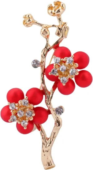 MLEPUS Red Plum Flower Brooches for Women, Fashion Gold-Plated Rhinestone Tree Crystal Flower New Year Brooch, Flower Brooch Jewelry Gift