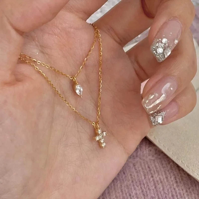 Modern Style Cross Sterling Silver Zircon Double Layer Necklaces In Bulk