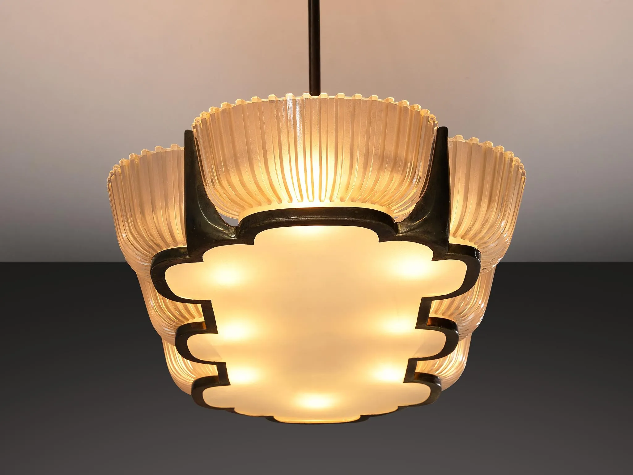 Monumental Art Deco Italian Chandelier in Glass and Brass