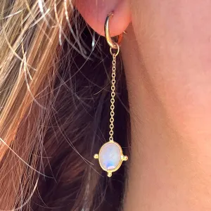 Moonstone Gemstone Earrings June birthstone with chain on Gold plated hoops