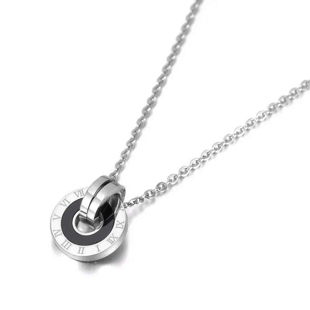 Mosaic Stainless Steel  Shell & Acrylic Double Circle Pendant Necklace