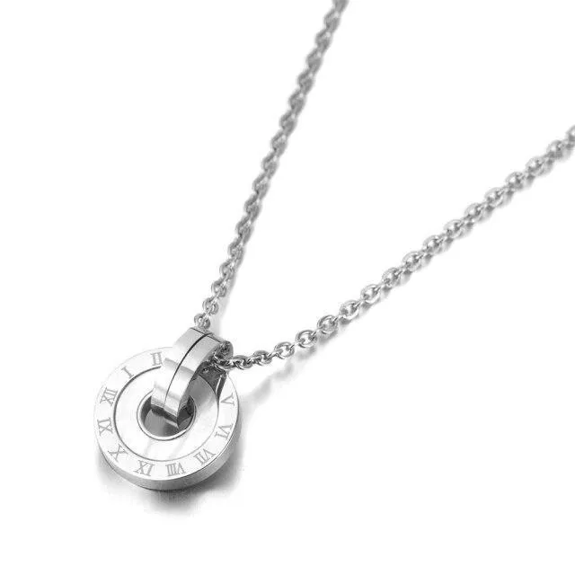 Mosaic Stainless Steel  Shell & Acrylic Double Circle Pendant Necklace