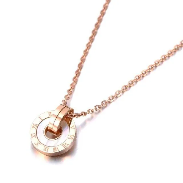 Mosaic Stainless Steel  Shell & Acrylic Double Circle Pendant Necklace