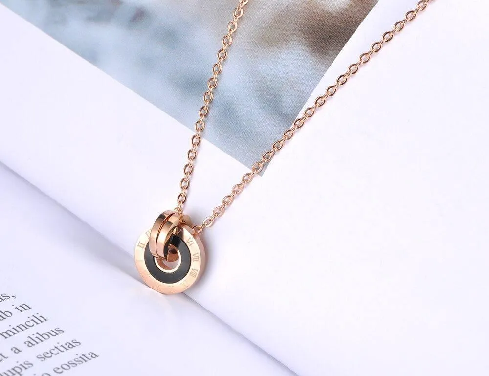 Mosaic Stainless Steel  Shell & Acrylic Double Circle Pendant Necklace