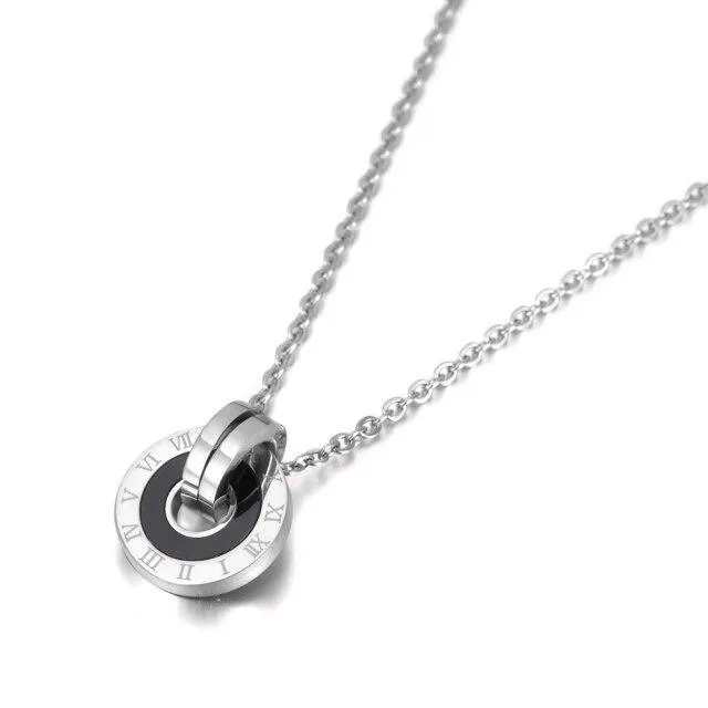Mosaic Stainless Steel  Shell & Acrylic Double Circle Pendant Necklace