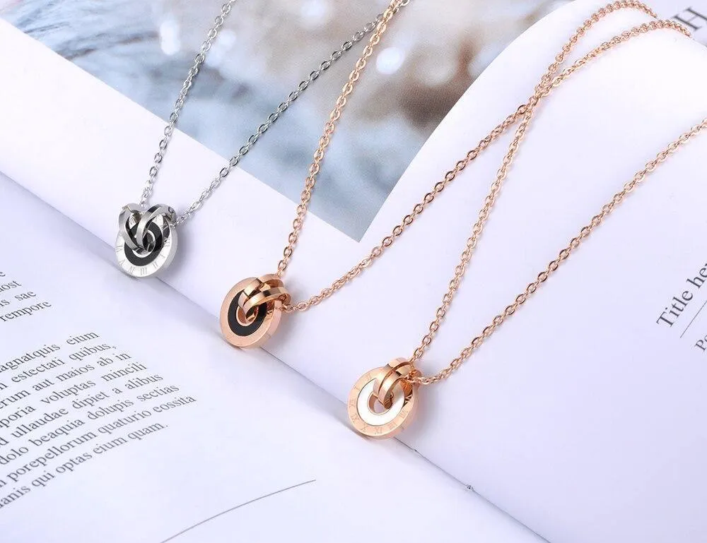 Mosaic Stainless Steel  Shell & Acrylic Double Circle Pendant Necklace