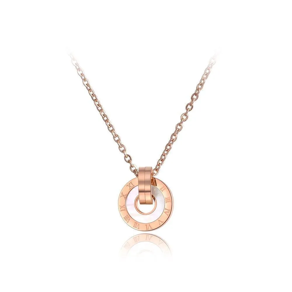 Mosaic Stainless Steel  Shell & Acrylic Double Circle Pendant Necklace