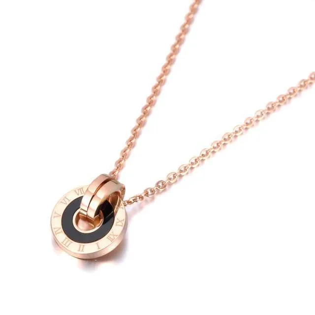 Mosaic Stainless Steel  Shell & Acrylic Double Circle Pendant Necklace
