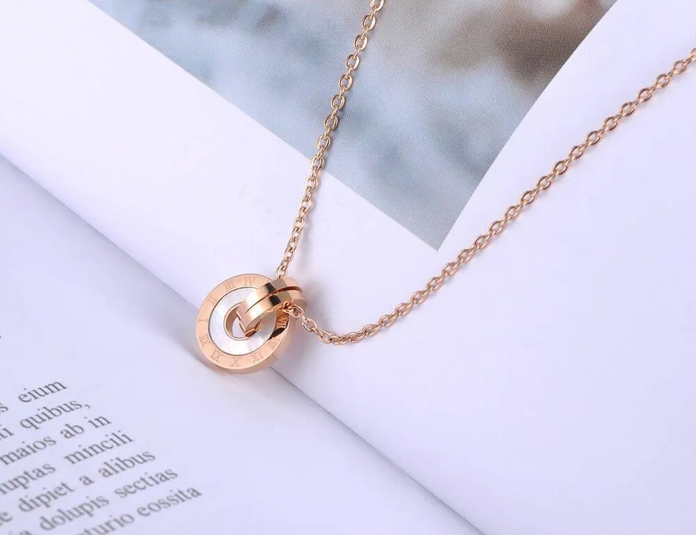 Mosaic Stainless Steel  Shell & Acrylic Double Circle Pendant Necklace