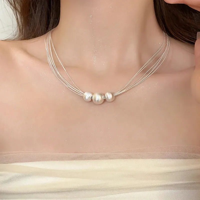 Multi Layer Stainless Steel Chain Brushed Silver Metal Ball Pendant Necklace