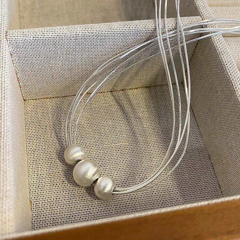 Multi Layer Stainless Steel Chain Brushed Silver Metal Ball Pendant Necklace