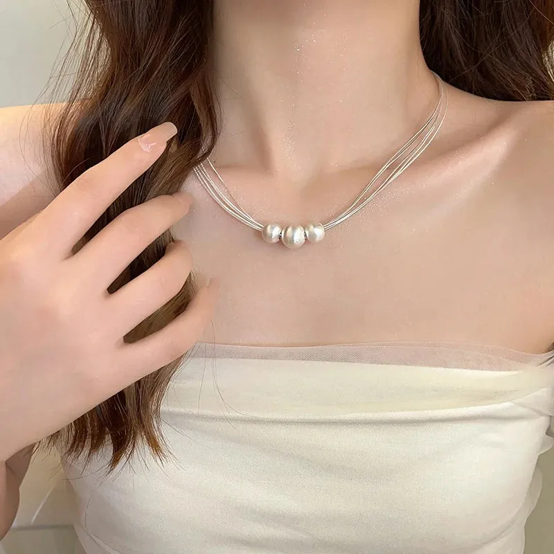 Multi Layer Stainless Steel Chain Brushed Silver Metal Ball Pendant Necklace