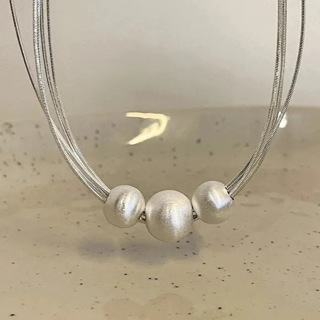 Multi Layer Stainless Steel Chain Brushed Silver Metal Ball Pendant Necklace