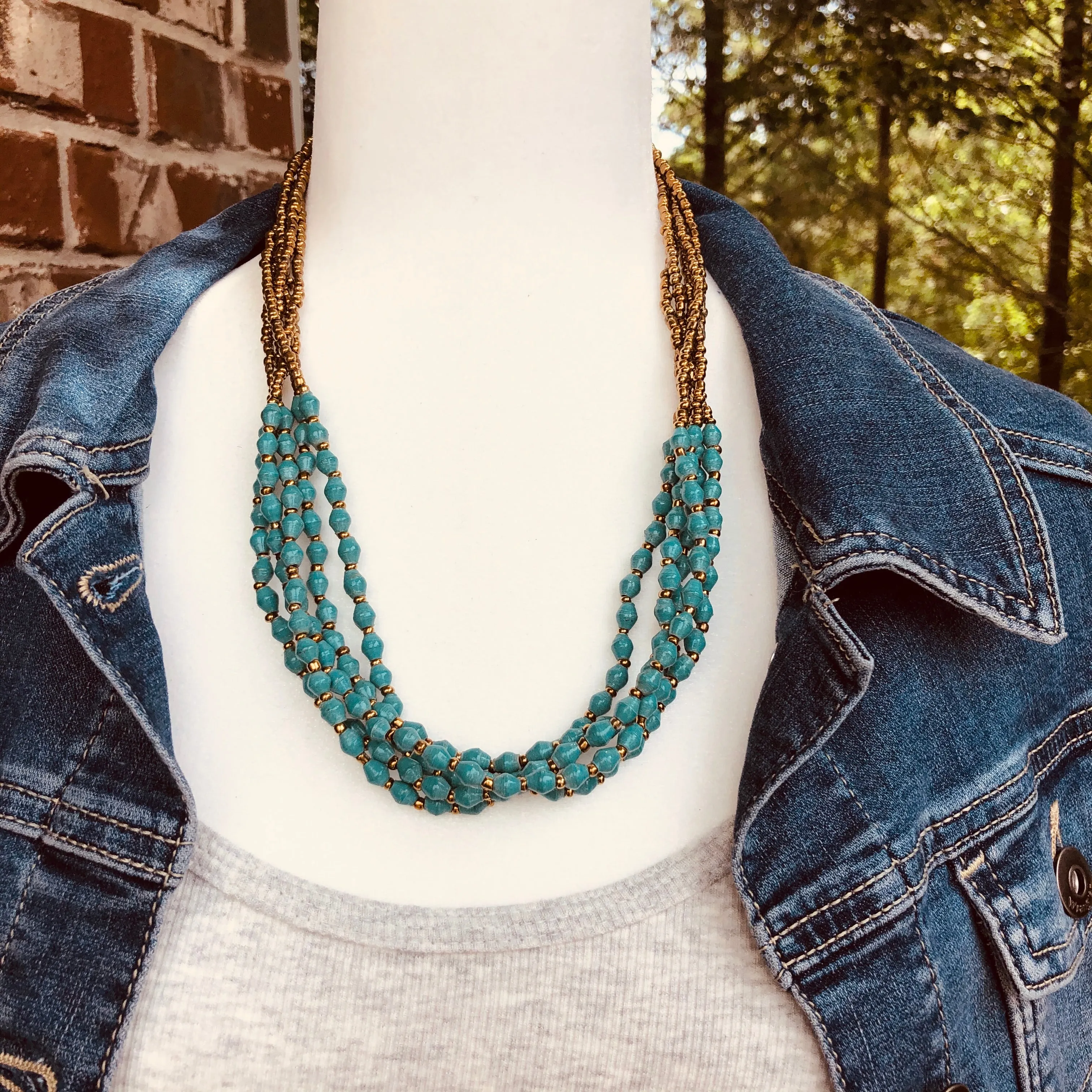Musana Handmade Multi Strand Beaded Necklace (Teal with Gold Seed Beads, 5 Strands)