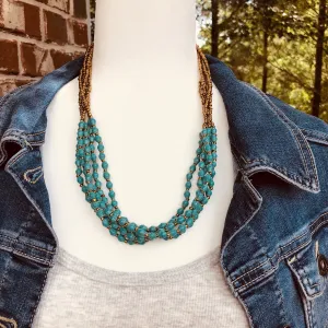 Musana Handmade Multi Strand Beaded Necklace (Teal with Gold Seed Beads, 5 Strands)