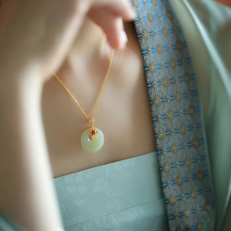 natural Hetian jade round necklaces Ancient gold craft pendant