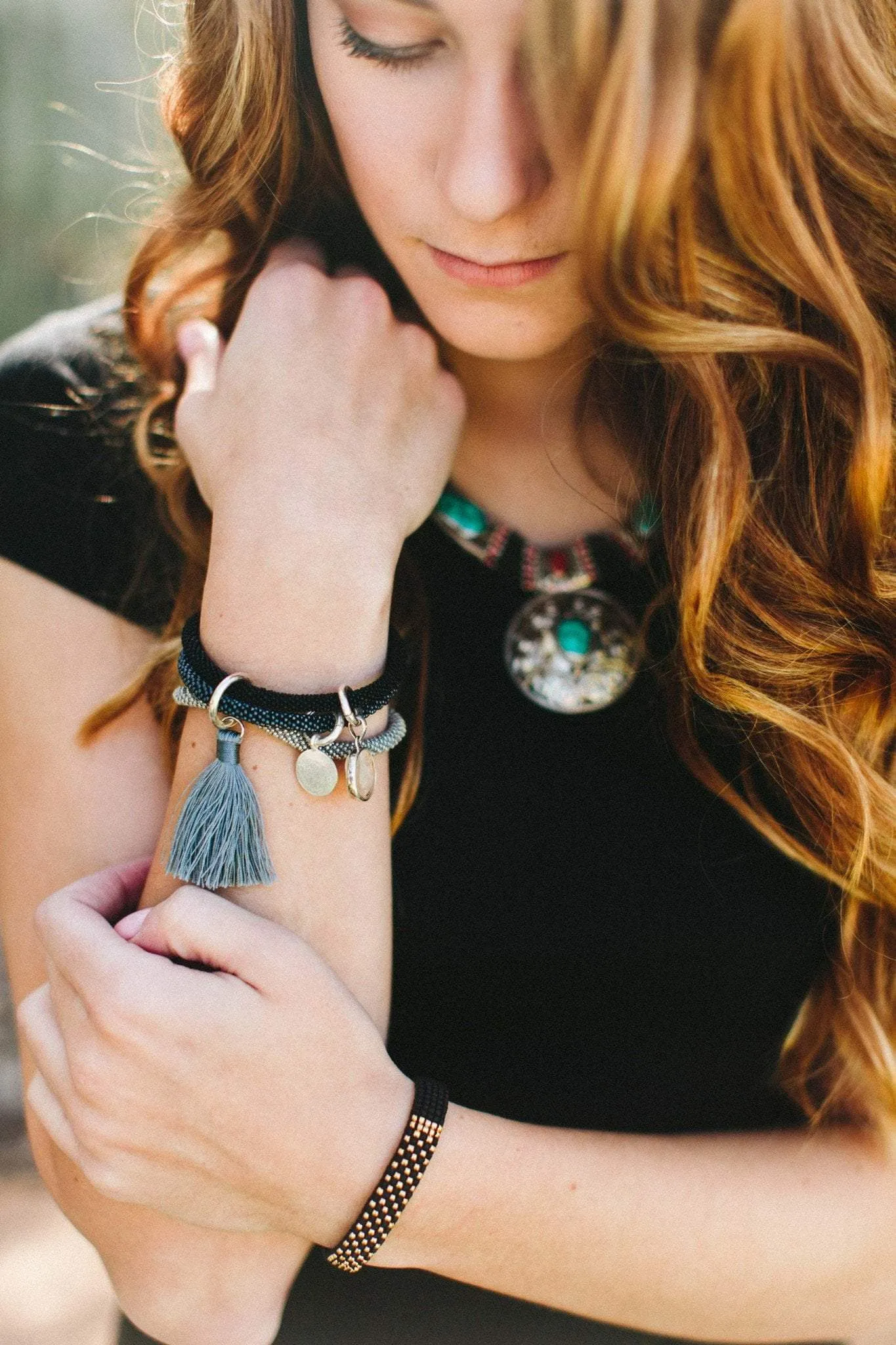 Navy Bracelet Stack with Charms