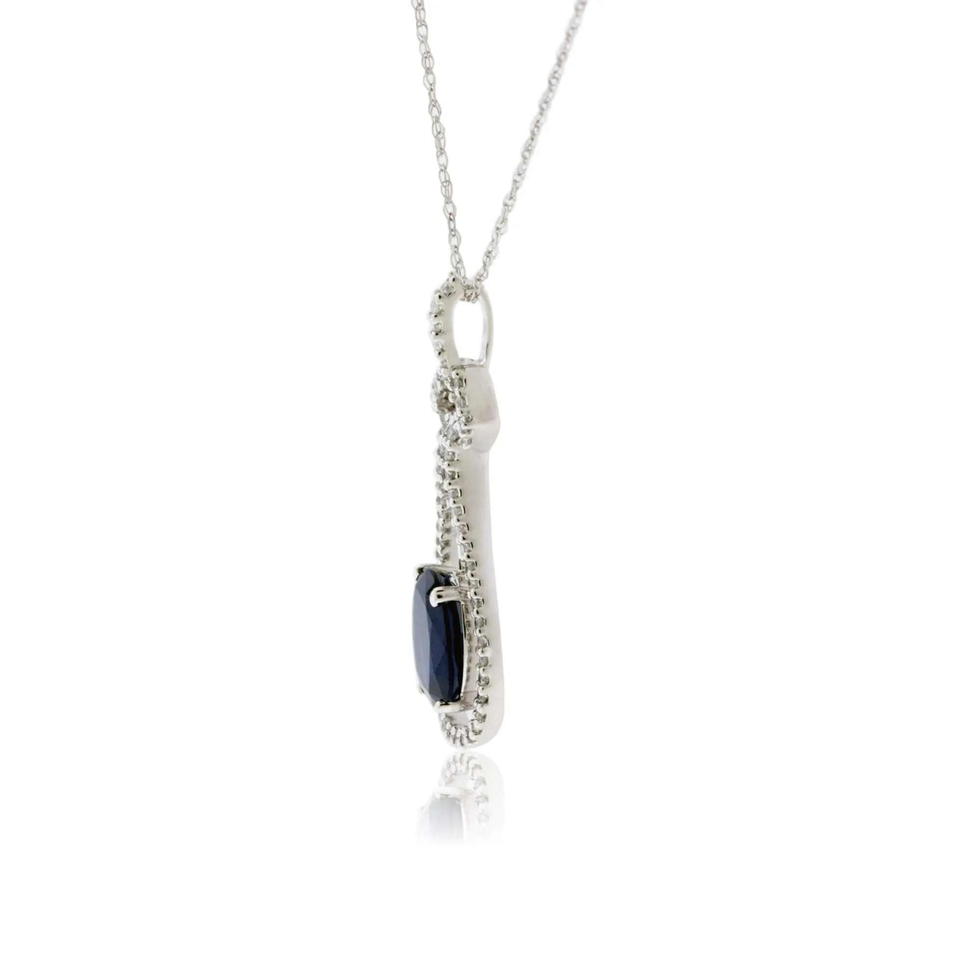 Oval Blue Sapphire & Diamond Drop Pendant w/Chain