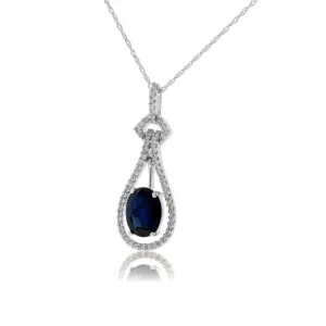 Oval Blue Sapphire & Diamond Drop Pendant w/Chain