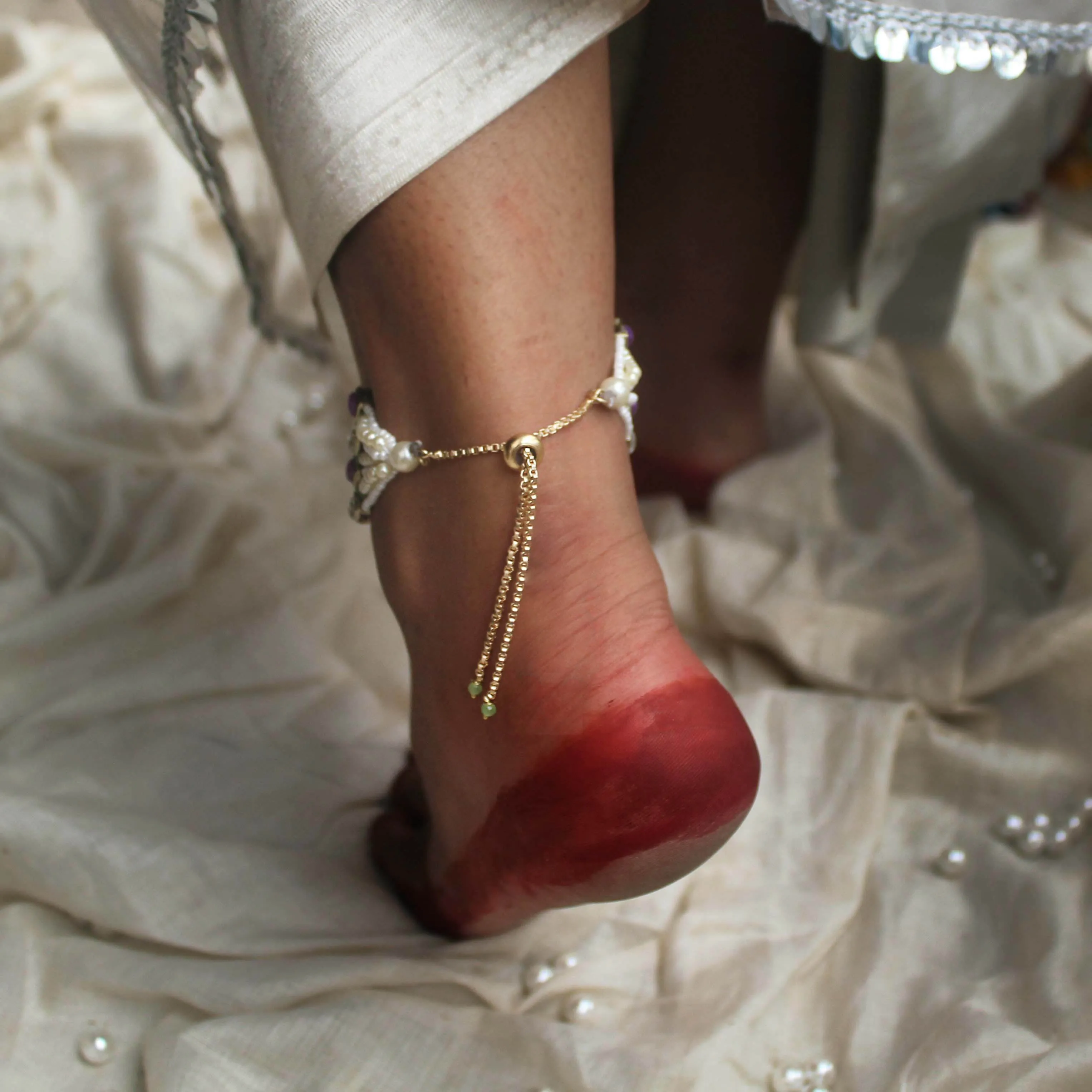 Pearl Twirl Adjustable Anklet - Set Of 2 Pieces