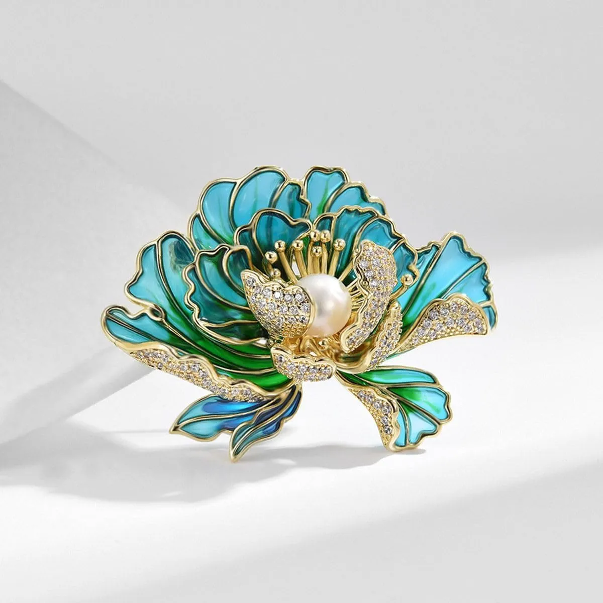 Peony Brooches for Women Gold-Plated Peony Flower Pearl Brooch Lapel Pin Rhinestone Flower Brooch Jewelry for Mom Wife