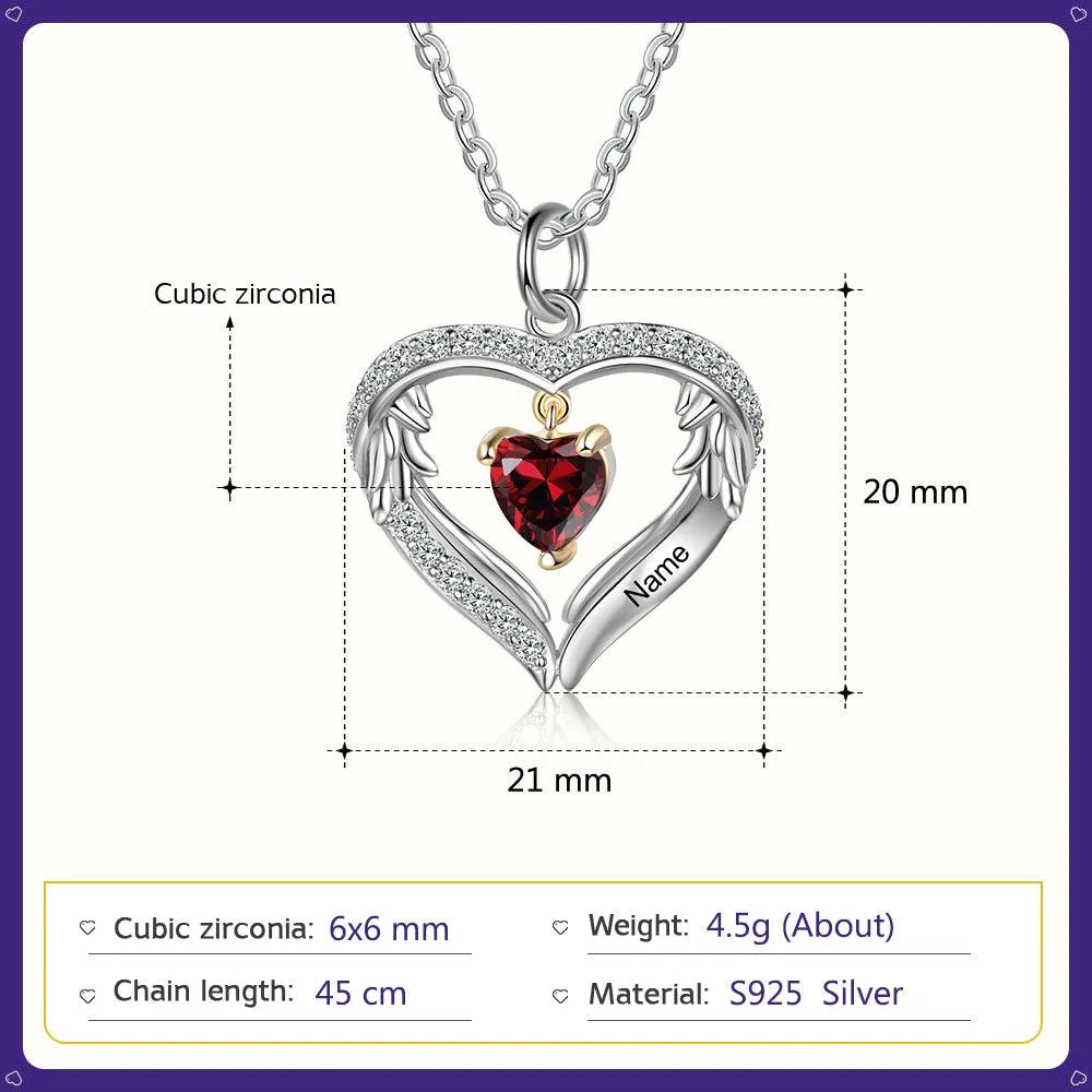Personalized Sterling Silver Wings Necklace - 1 Custom Name 1 Birthstone