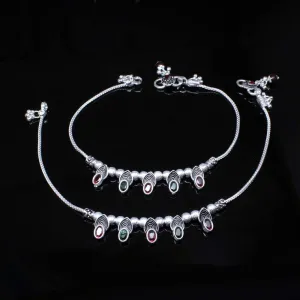 Real Silver Anklets Oxidized CZ Ankle Indian Women Style Bracelet Pair 10.8"