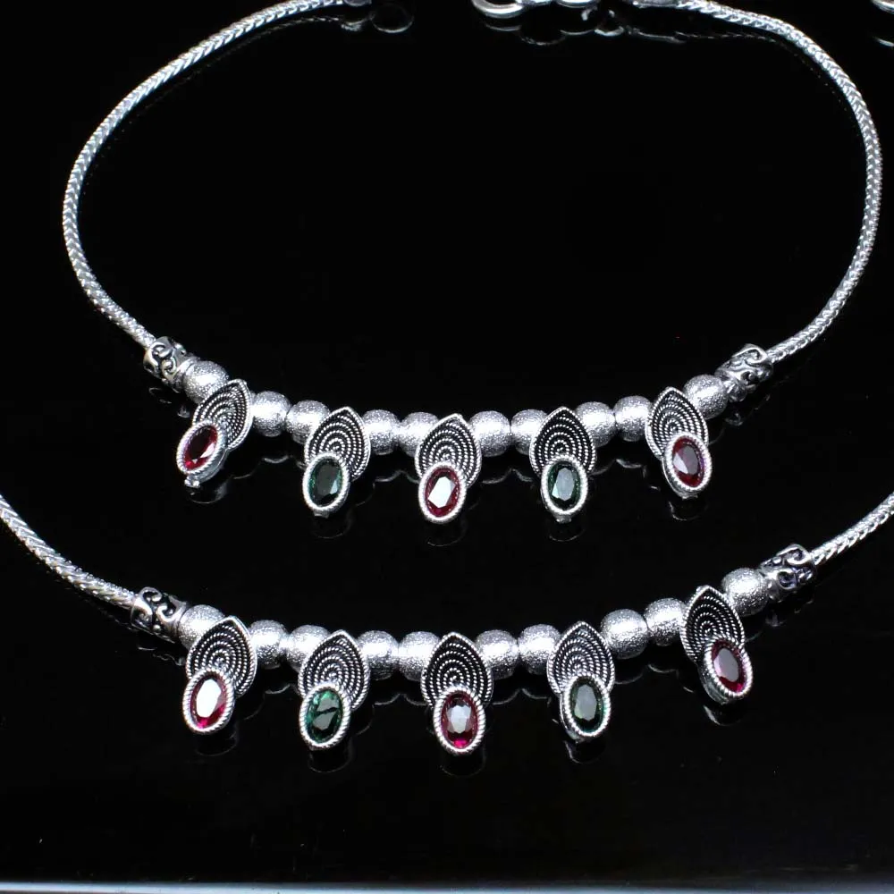 Real Silver Anklets Oxidized CZ Ankle Indian Women Style Bracelet Pair 10.8"