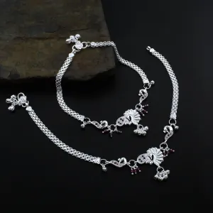 Real Silver Women CZ Peacock Design Anklets Ankle Pair 10.3"