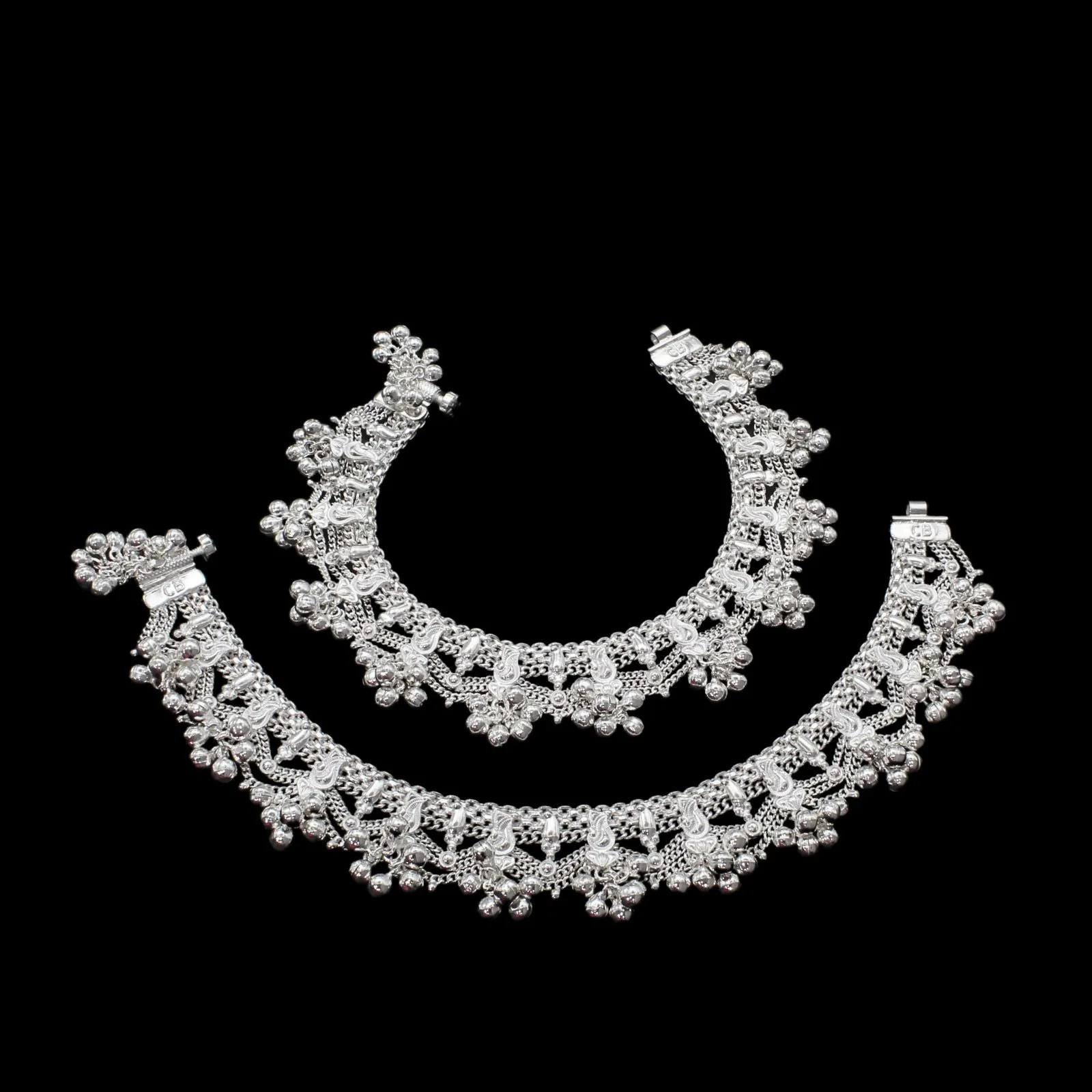 Real Sterling Silver Indian women jingle bells heavy Anklets Ankle Pair 10.3"