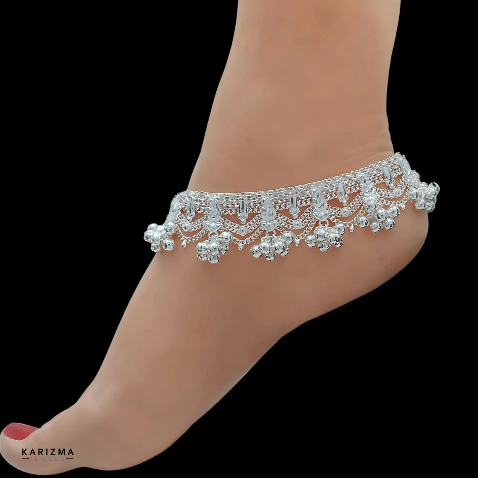 Real Sterling Silver Indian women jingle bells heavy Anklets Ankle Pair 10.3"