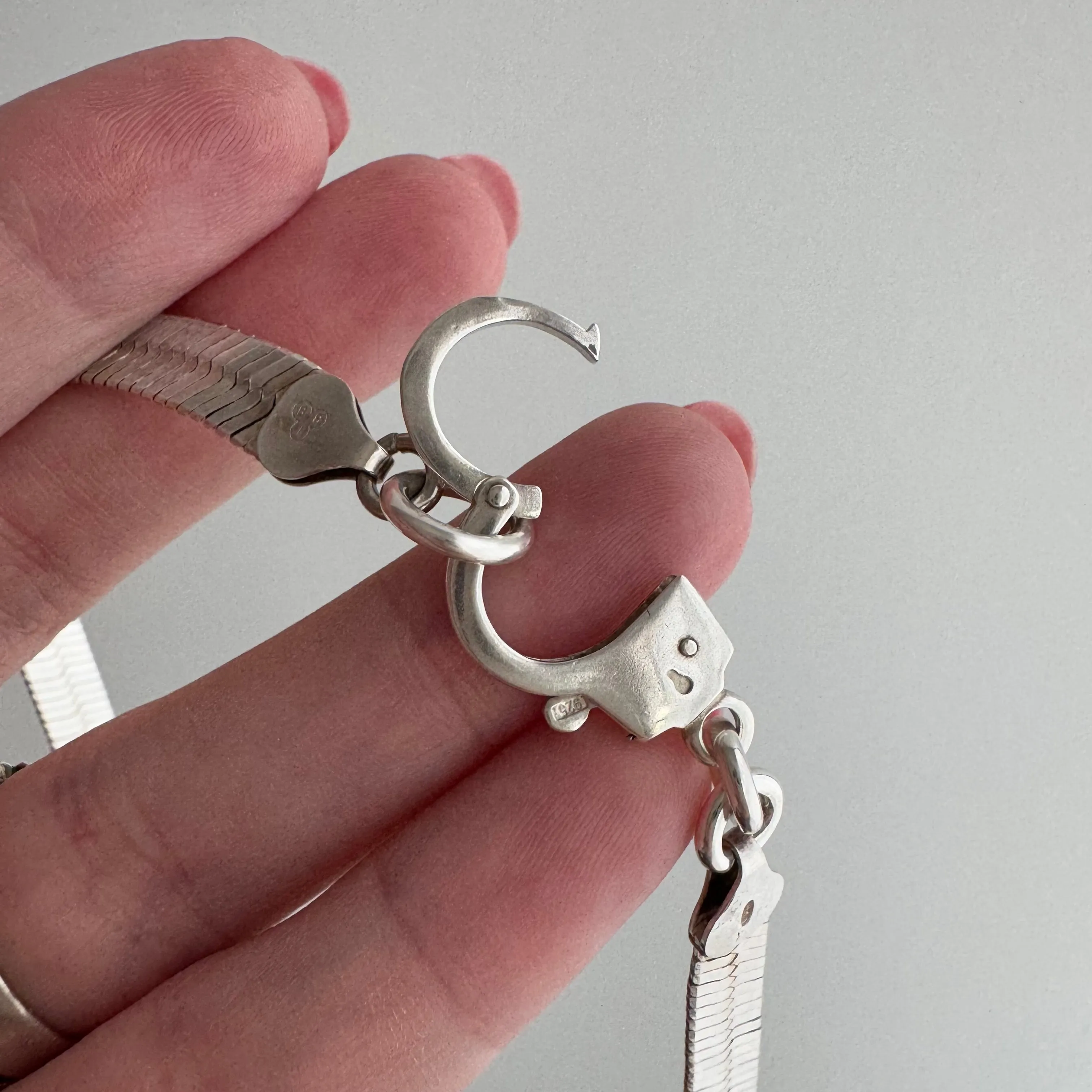reimagined V I N T A G E // handcuff clasp / re-worked sterling silver wide flat herringbone chain / almost 16.75", 20.7g