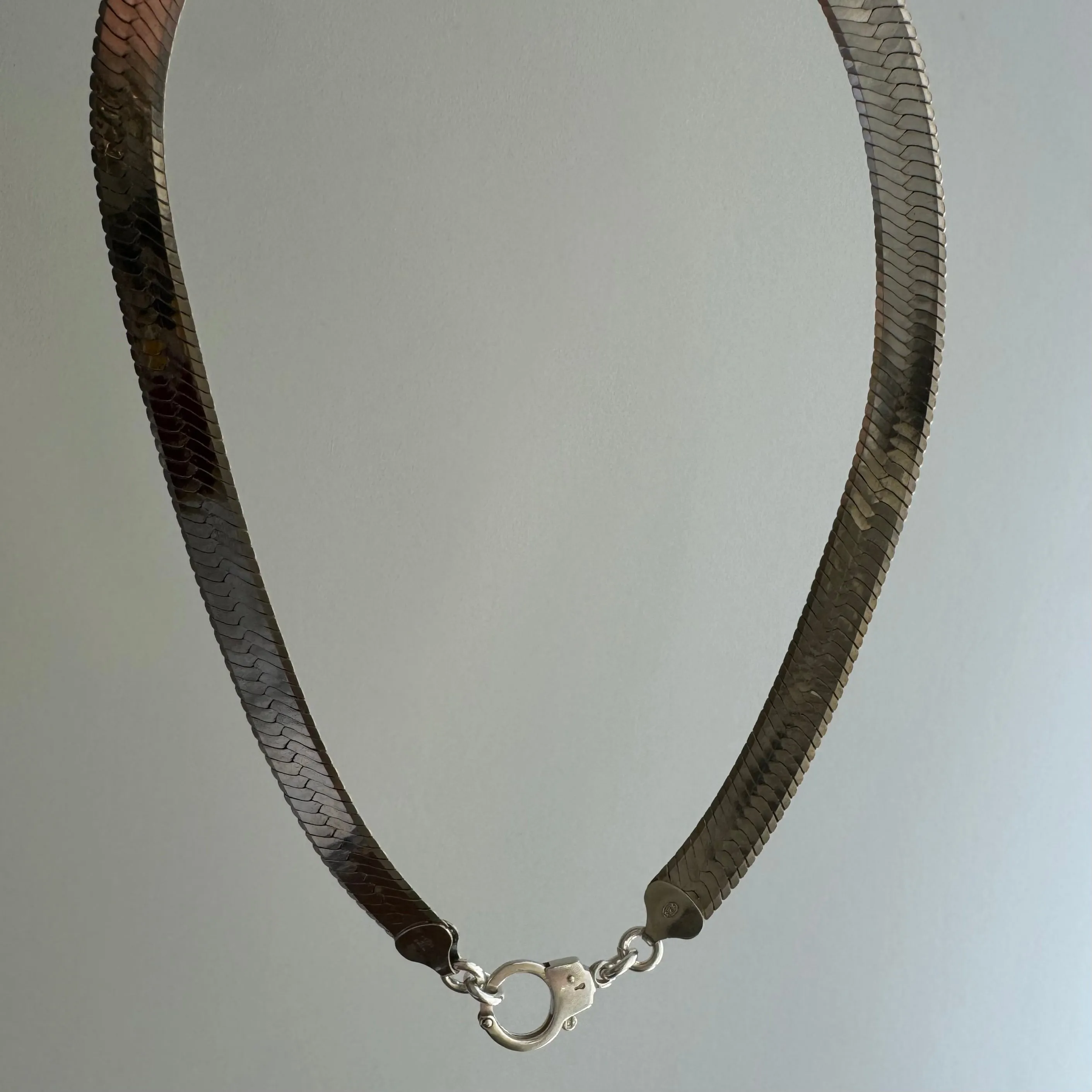 reimagined V I N T A G E // handcuff clasp / re-worked sterling silver wide flat herringbone chain / almost 16.75", 33.8g