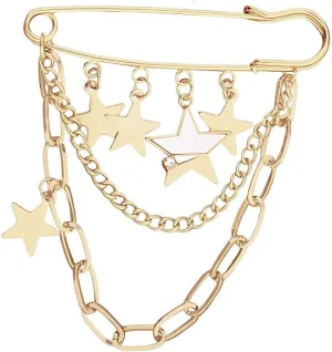 Safety Pin Chain Brooch Charms Retro Punk Shawl Pin Coat Collar Brooch Pin Y2k Shoe Sock Jean Pins Star Lapel Pin Brooch Chain Vintage Clothing Accessories for Women Gold Safety Brooch Pins Y2k Shoes