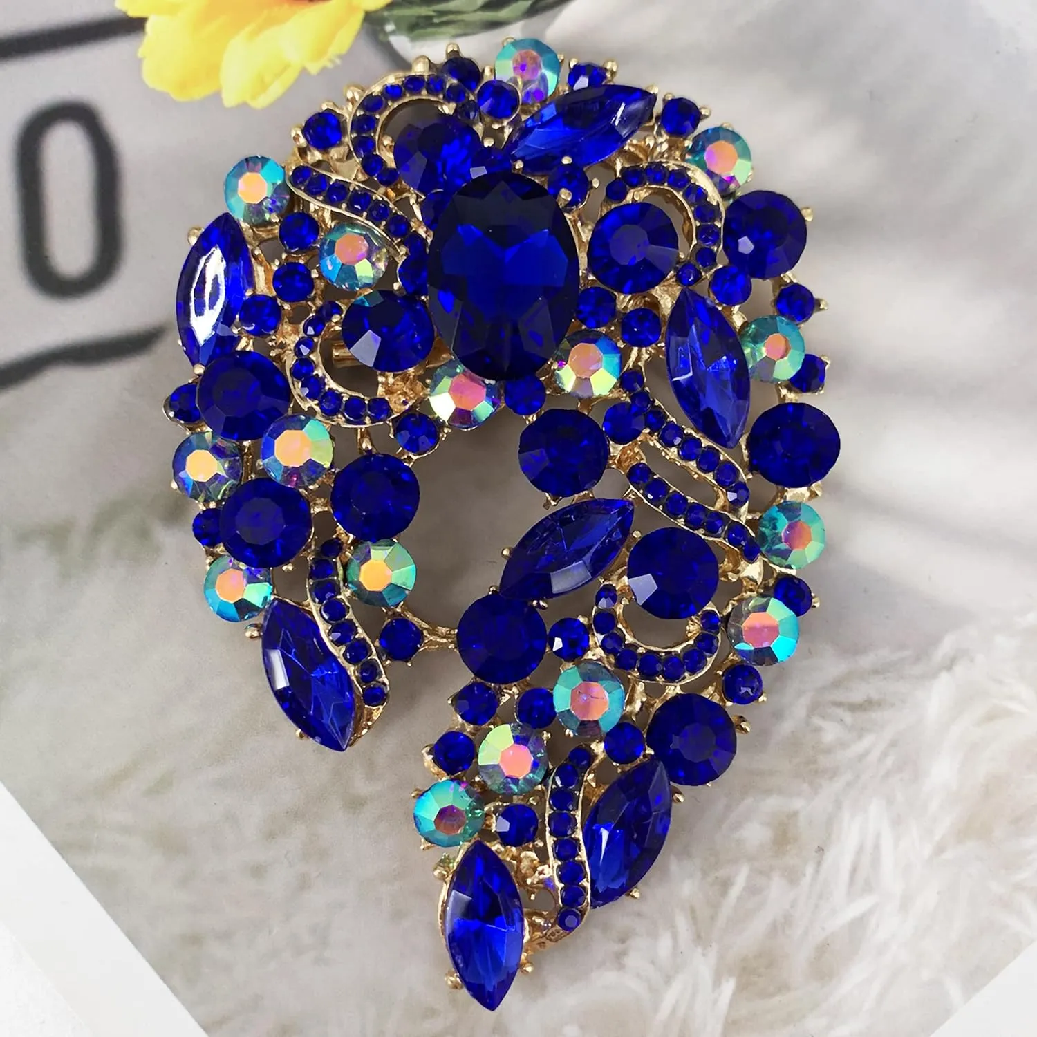 SELOVO Big Large Rhinestone Green Leaf Statement 3.5" Brooch Pin Scarf Broach Gold Tone