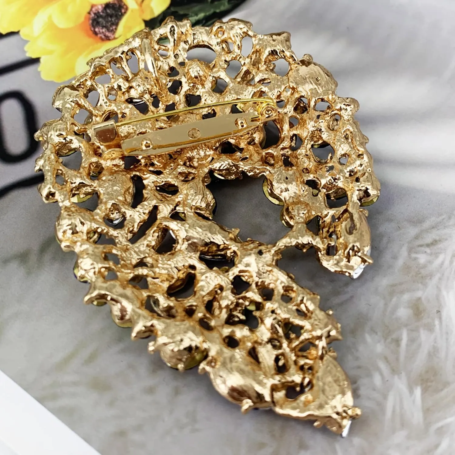 SELOVO Big Large Rhinestone Green Leaf Statement 3.5" Brooch Pin Scarf Broach Gold Tone