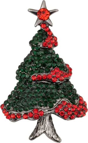SELOVO Cute Christmas Tree Shape Rhinestone Green Red Star Brooch Pin Jewelry Gold Tone