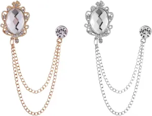 Shuxy 2PCS Men's Brooch Hanging Chain Brooch White Stone Detailing with Engraving Metal Crystal Brooch Suit Stud Lapel Pin Vintage Rhinestone Breastpin Wedding Brooch Pin, Gold and Silver