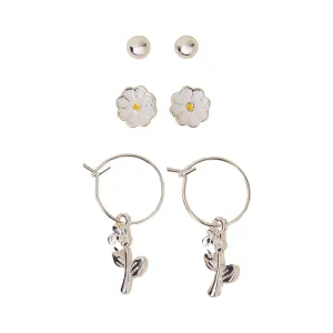 Silver Daisy Earrings Pack of 3