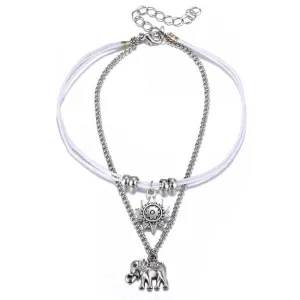 Silver String Anklet With Elephant Charm