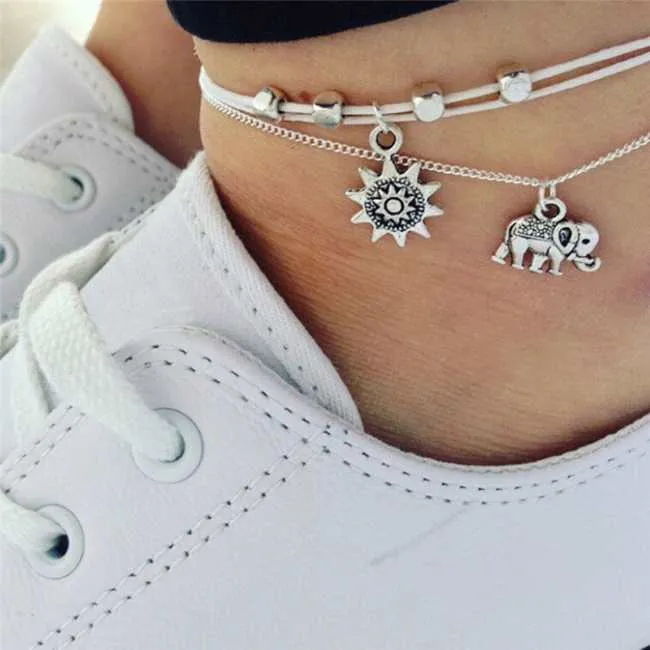 Silver String Anklet With Elephant Charm