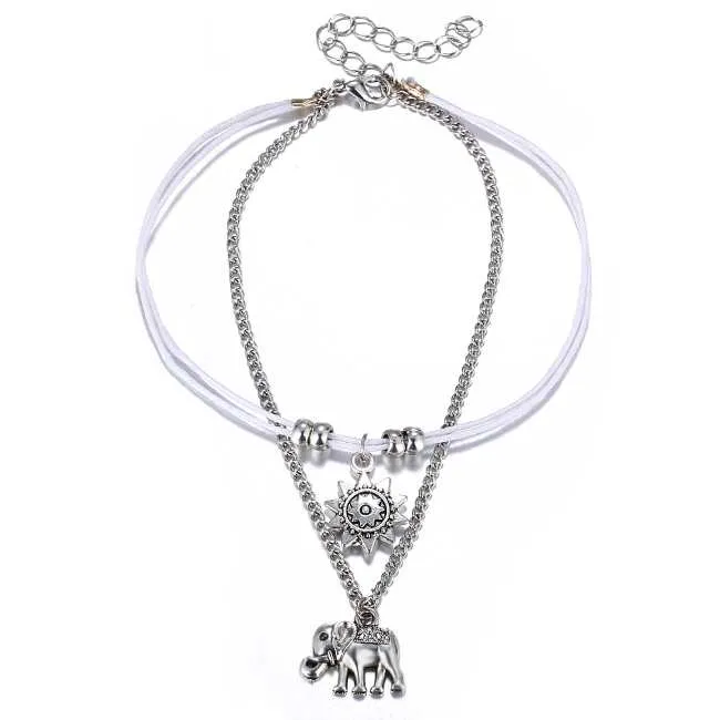 Silver String Anklet With Elephant Charm