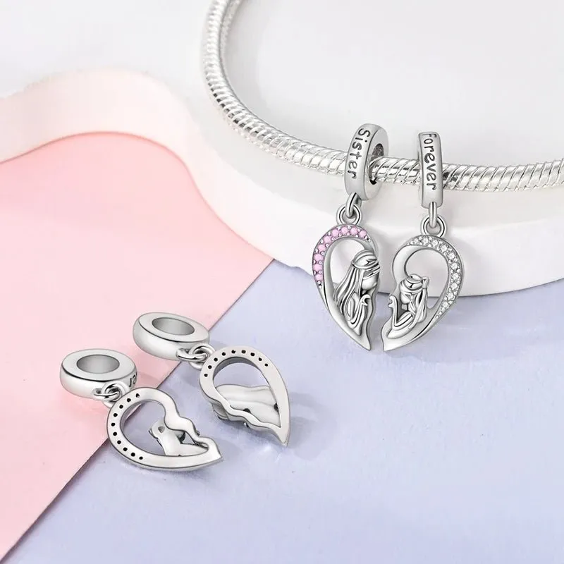 Sister & Forever Split Heart Dangle Charm