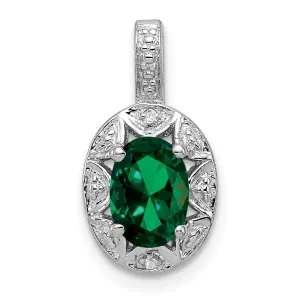 **Sophia Jewelers Sterling Silver Rhodium-Plated Oval Emerald & Diamond Pendant**