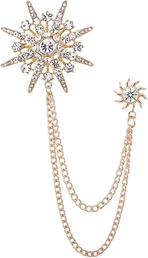 Star Snowflake Lapel Pin Stud Brooch with Hanging Long Tassel Chain Bling Bling Decorative Tie Hat Shirt Suit Accessories for Men Women