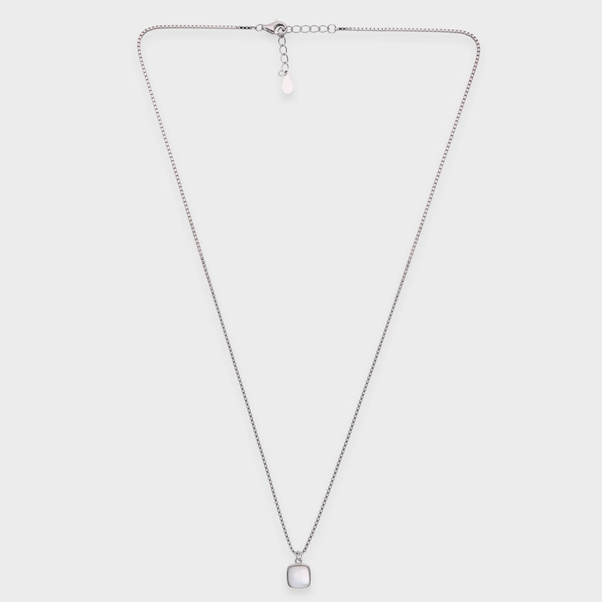 Sterling Silver Box Chain Necklace with Cushion-Cut White Stone Pendant | SKU : 0021149856, 0021149863, 0021149870, 0021149894, 0021149917, 0021149900