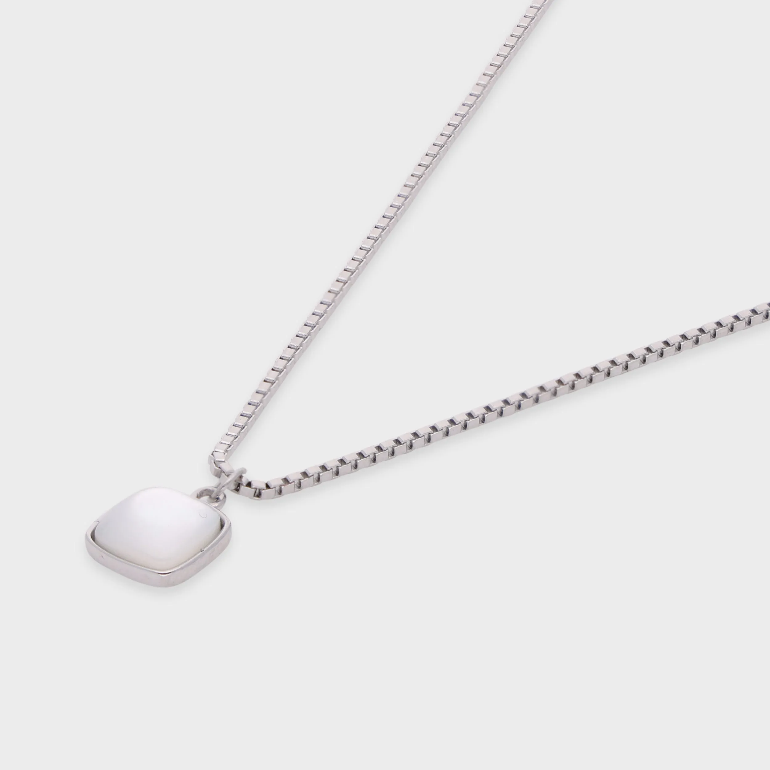Sterling Silver Box Chain Necklace with Cushion-Cut White Stone Pendant | SKU : 0021149856, 0021149863, 0021149870, 0021149894, 0021149917, 0021149900