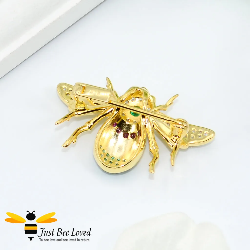 Sterling Silver Rubies & Spinel 9ct Gold Plated Bee Brooch